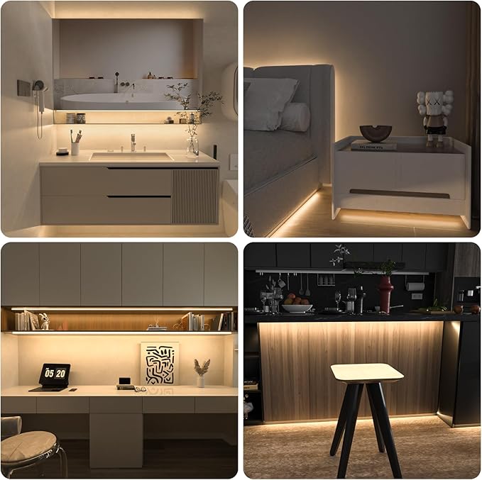 WOBANE Under Cabinet Lighting Kit, 9.8ft COB Light Strip with 24W Adapter,RF Remote,Super Bright Daylight for Kitchen Cabinet,Under Desk,Counter Lighting,4000K Natural White,1500 Lumen,Dimmable