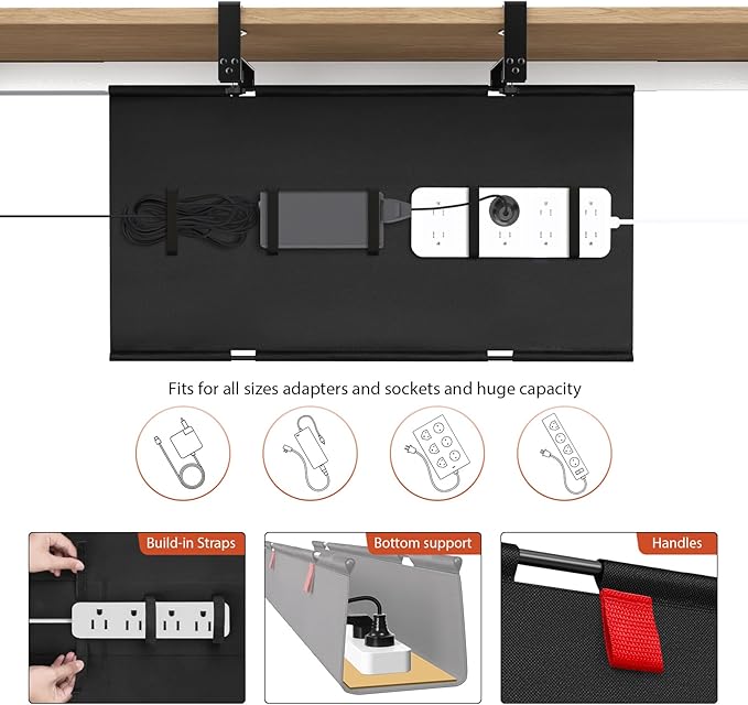 Univivi No Drill Under Desk Cable Management Tray, 28" Cord Organizer for Table, Clamp/Screw Mount Desk Cable Management, Premium Fabric Cable Management Tray for Office, Home
