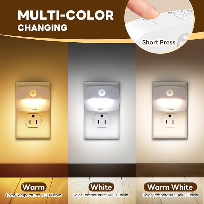 ZISUYU Plug-in LED Night Light with Motion Sensor, 10-60lm Dimmable Nightlight with Multi-Mode & Color-Changing, Ideal for Bedroom, Kitchen, Bathroom, Stairs, Hallway (6 Pack)