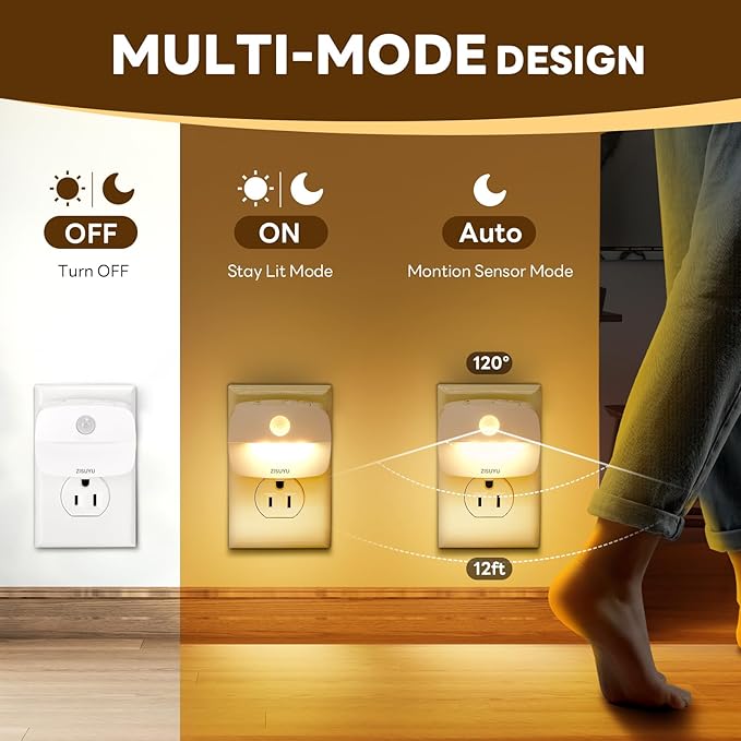 ZISUYU Plug-in LED Night Light with Motion Sensor, 10-60lm Dimmable Nightlight with Multi-Mode & Color-Changing, Ideal for Bedroom, Kitchen, Bathroom, Stairs, Hallway (6 Pack)