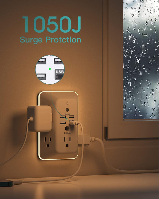 Surge Protector Outlet Extender with Night Light – 5 Outlets, 4 USB Ports (1 USB-C)
