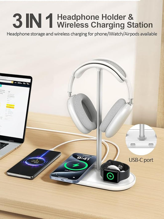 TopMade 5-in-1 Headphone Stand with Wireless Charger – Cream White, 15W Fast Charging for iPhone, Apple Watch, AirPods & Universal Headset Holder