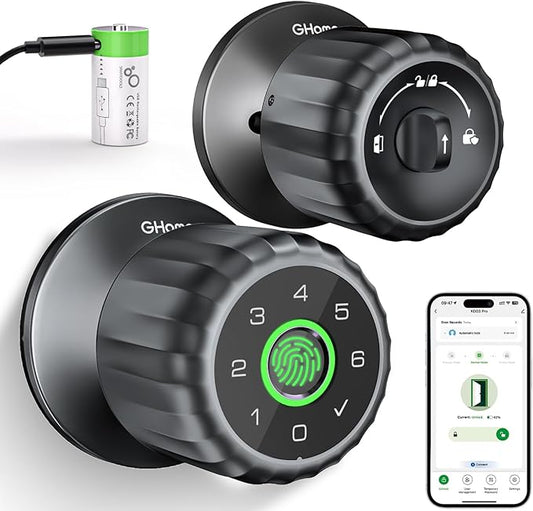 GHome Smart Fingerprint Door Lock, 4-in-1 Fingerprint Door Knob with Keypad, App Control, Keys, Removable & Rechargeable Battery, Door Locks for Bedroom, Home, Garage, Storage Room