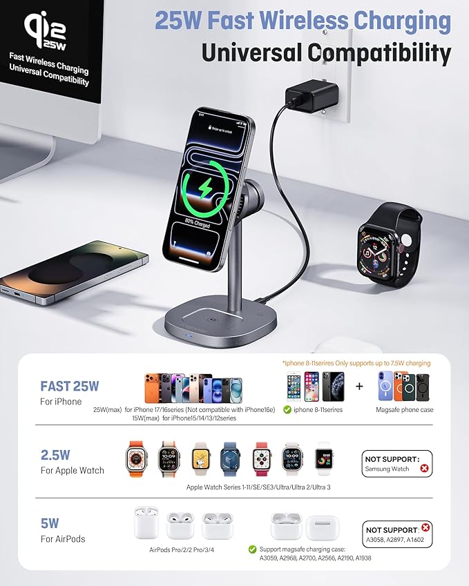 3 in 1 Wireless Charging Station, Qi2.2 25W Certified Fast Magnetic Charger, Mag-Safe Wireless Charger Stand with TEC Active Cooling, for iPhone17/16/15/14/13/12, Apple Watch/AirPods