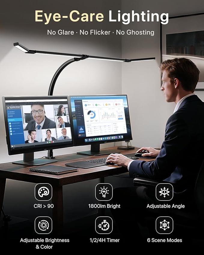 ONEMIX 42" LED Desk Lamp with Clamp, Architect Desk Light with Remote, Adjustable 4-Segment Bar, 1800LM Bright, Eye-Caring Desk Lamp for Home Office, Reading, Study, Dual Monitors, Workbench (Black)