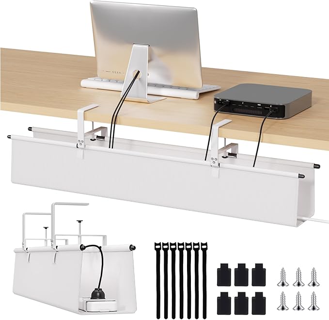 Under Desk Cable Management Tray - 36" Cord Organizer for Desk No Drill, Fabric Under Table Wire Organizer with 16X Cable Ties Hide for Office/Home, Cord Hider Fits Adapters & Sockets, White