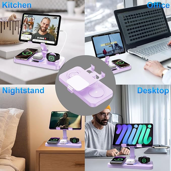 6 in 1 Wireless Charger for Apple Device, 30W Foldable Wired Charging for ipad with Clock & 7 Color Ambient Light, Nightstand Charger Station for iPhone 17/16/15/iWatch Series/AirPods 4/Pro 3(Purple)