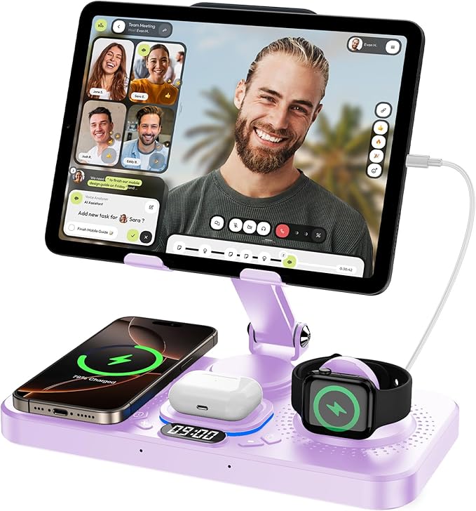 6 in 1 Wireless Charger for Apple Device, 30W Foldable Wired Charging for ipad with Clock & 7 Color Ambient Light, Nightstand Charger Station for iPhone 17/16/15/iWatch Series/AirPods 4/Pro 3(Purple)