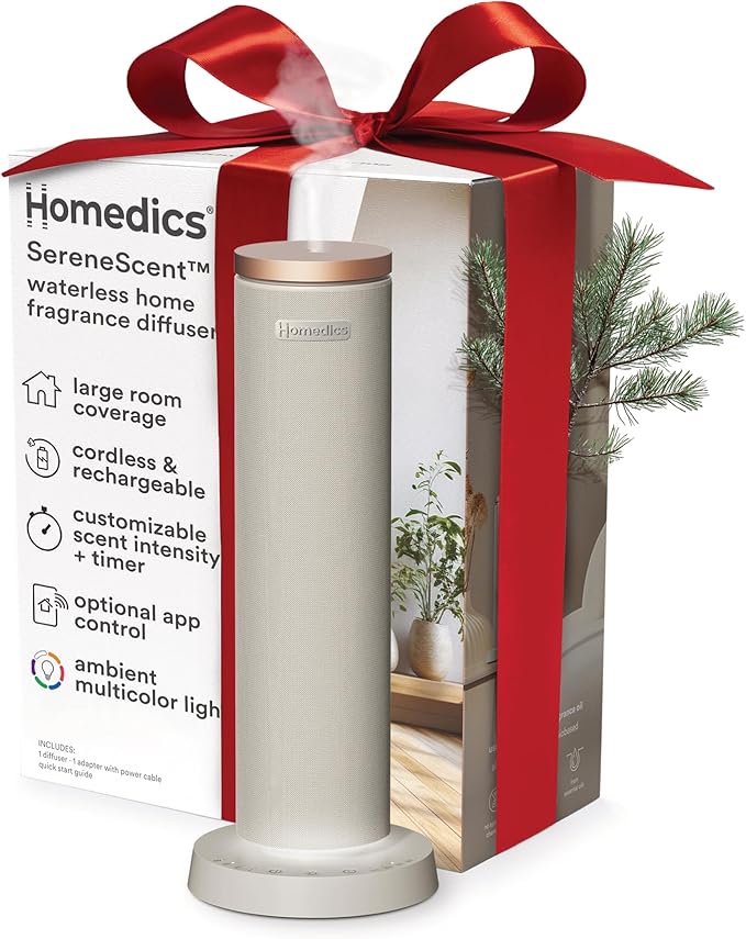 Homedics SereneScent Fabric Rechargeable Waterless Diffuser, Use with Homedics SereneScent Oil 120ml (Sold Separately) Cordless Aromatherapy, Adjustable Mist & Timer, 6 Calming Lights, Grey