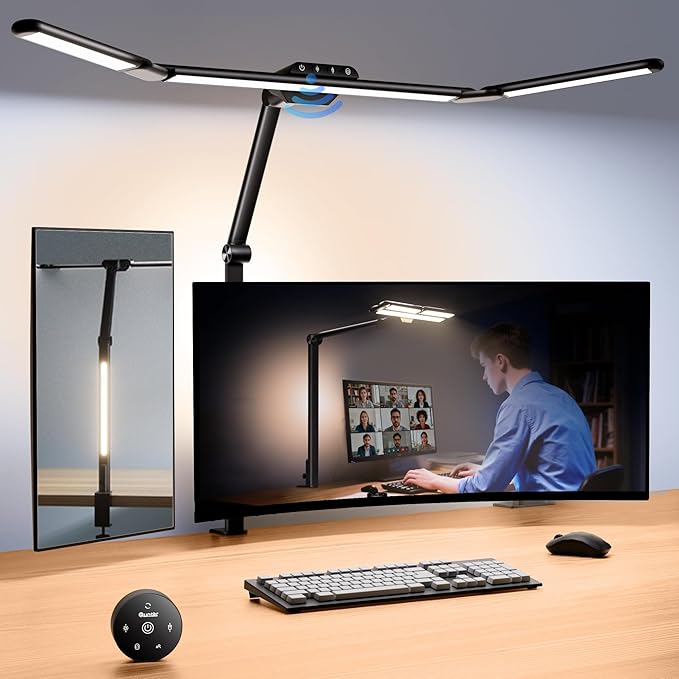Quntis 32.5" Architect Desk Lamps for Office Home Dorm - Eye Care 3 Light Bar 1100LM Bright, Ambient Backlight, Radar Sensor, Remote Control, 2H Timer, Workbench Drafting Reading Video Conference Task