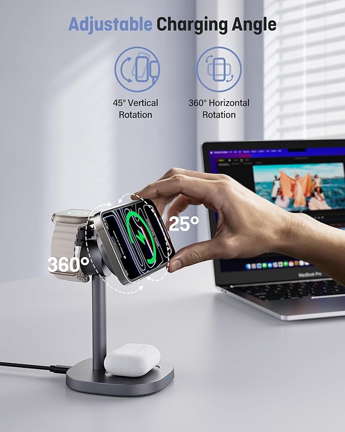 3 in 1 Wireless Charging Station, Qi2.2 25W Certified Fast Magnetic Charger, Mag-Safe Wireless Charger Stand with TEC Active Cooling, for iPhone17/16/15/14/13/12, Apple Watch/AirPods