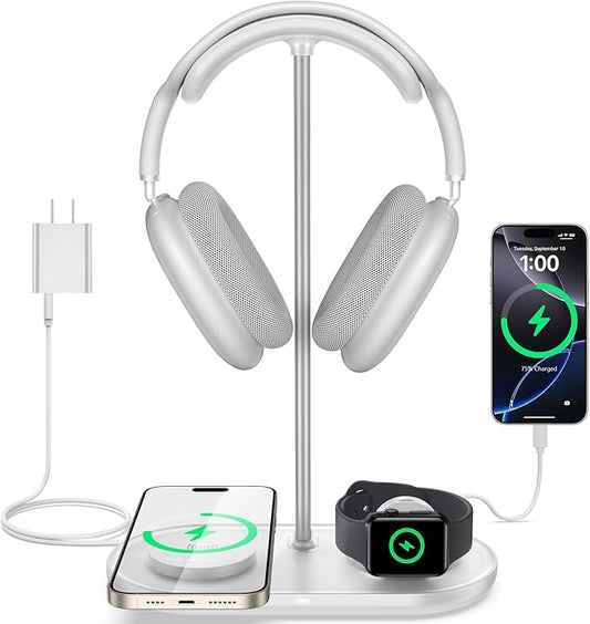 TopMade 5-in-1 Headphone Stand with Wireless Charger – Cream White, 15W Fast Charging for iPhone, Apple Watch, AirPods & Universal Headset Holder