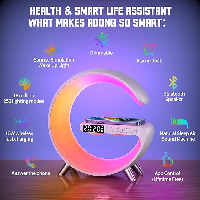 Smart Wireless Charging Alarm Clock with Bluetooth Speaker, App Controlled Bedside Lamp Table Light and Night Light, Bedroom Home Decor, Gift for Girls Boys and Family for Birthday Christmas (White)