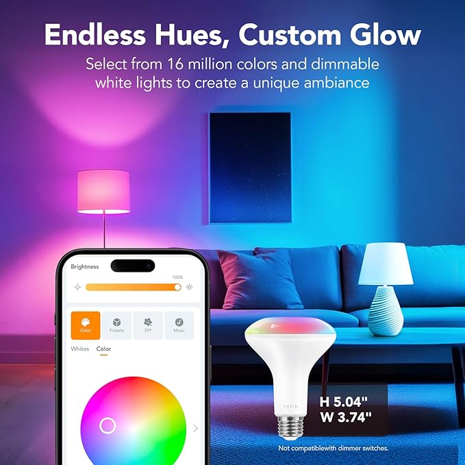 OREiN Smart Light Bulb,1200 Lumens BR30 Smart Flood Light Bulbs Work with AiDot App, Alexa, Google Home, RGBTW Color Changing Light Bulbs 2.4Ghz WiFi, 85W 4Pack