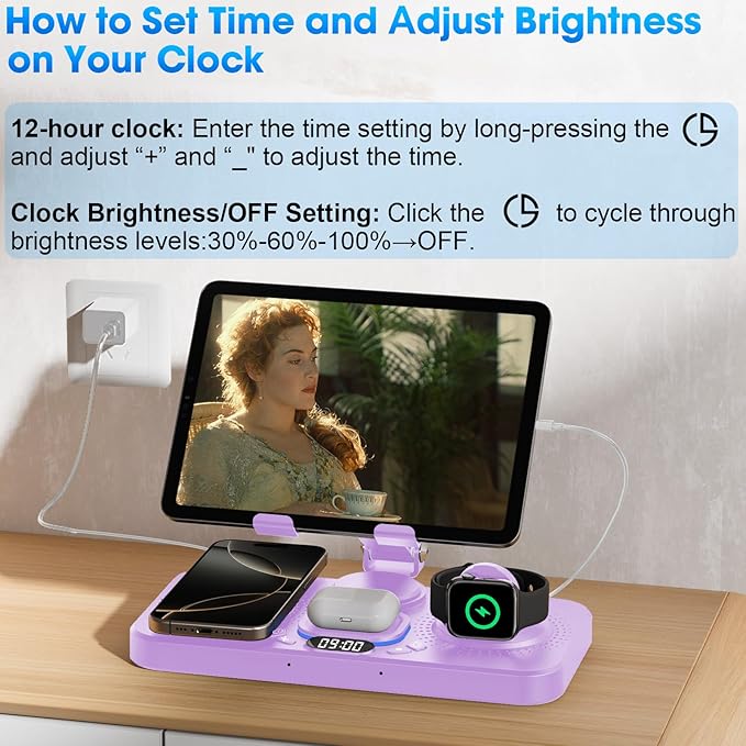 6 in 1 Wireless Charger for Apple Device, 30W Foldable Wired Charging for ipad with Clock & 7 Color Ambient Light, Nightstand Charger Station for iPhone 17/16/15/iWatch Series/AirPods 4/Pro 3(Purple)