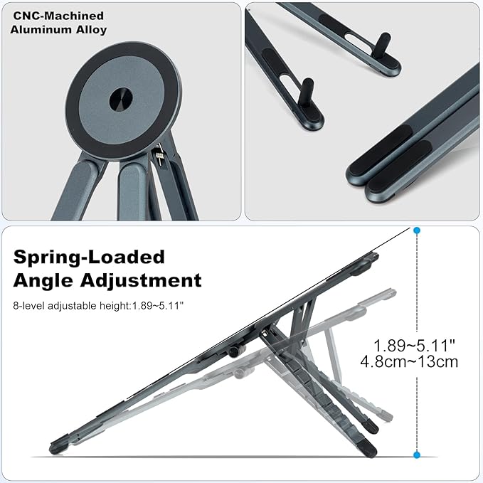 Adjustable Laptop Stand for Desk & Travel - Magnetic Phone Holder Tripod for MagSafe iPhone, Aluminum Foldable Portable Computer Stand Compatible with 10–16" Laptops and 4–13" Phones/Tablets