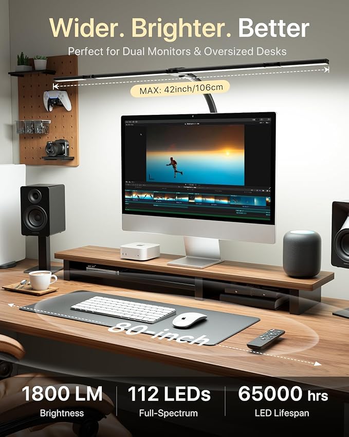 ONEMIX 42" LED Desk Lamp with Clamp, Architect Desk Light with Remote, Adjustable 4-Segment Bar, 1800LM Bright, Eye-Caring Desk Lamp for Home Office, Reading, Study, Dual Monitors, Workbench (Black)