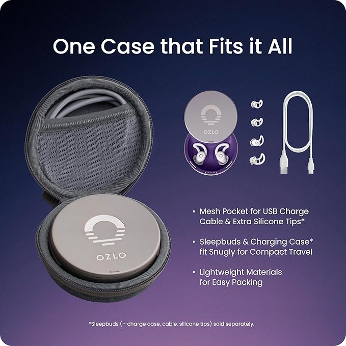 Ozlo Sleepbuds® Travel Case | Hard Case for Sleep Headphones | Woven Fabric with Zipper Closure | Mesh Pocket for Storing Charging Cable | Gray