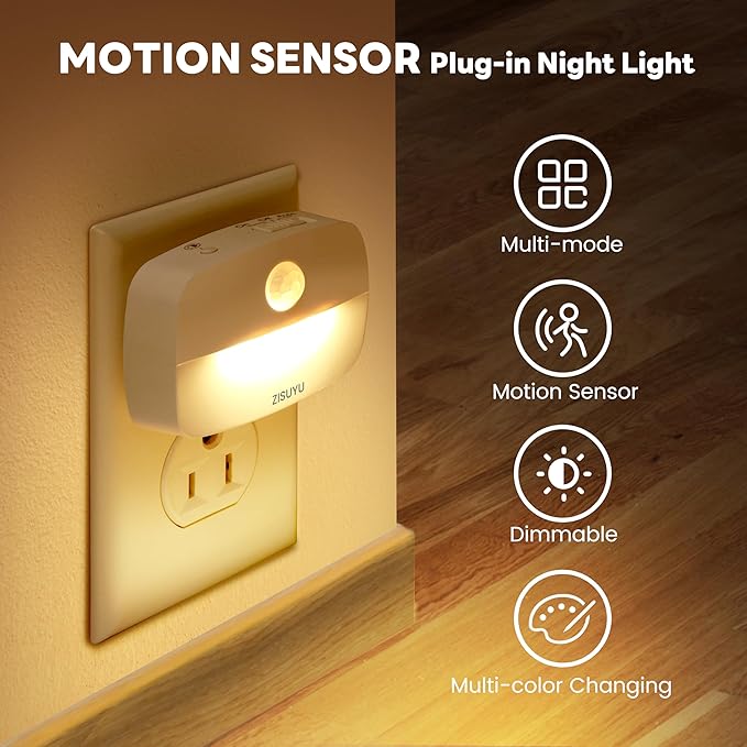 ZISUYU Plug-in LED Night Light with Motion Sensor, 10-60lm Dimmable Nightlight with Multi-Mode & Color-Changing, Ideal for Bedroom, Kitchen, Bathroom, Stairs, Hallway (6 Pack)