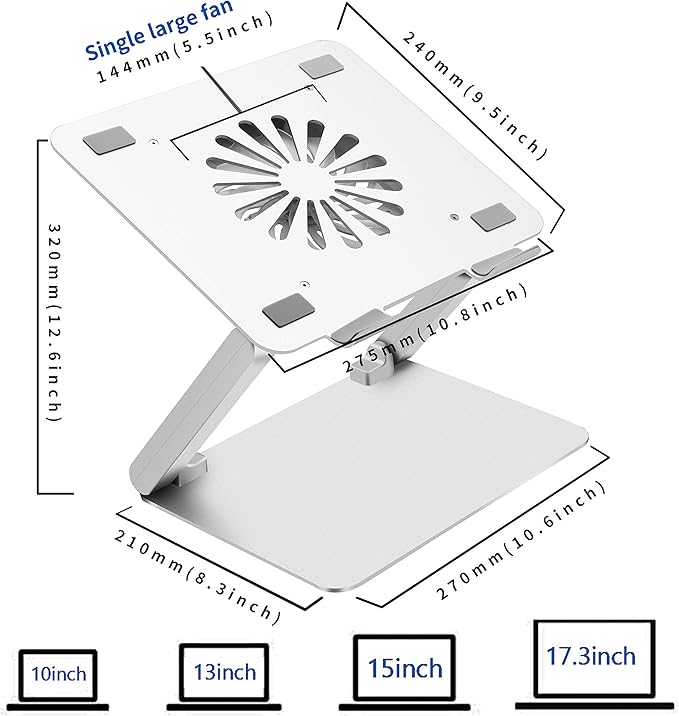 SOUNDANCE Laptop Cooling Pad – Silver, Adjustable Aluminum Stand with 140mm Fan, 4 USB 3.0 Hubs & Ergonomic Design for 10-17" Laptops