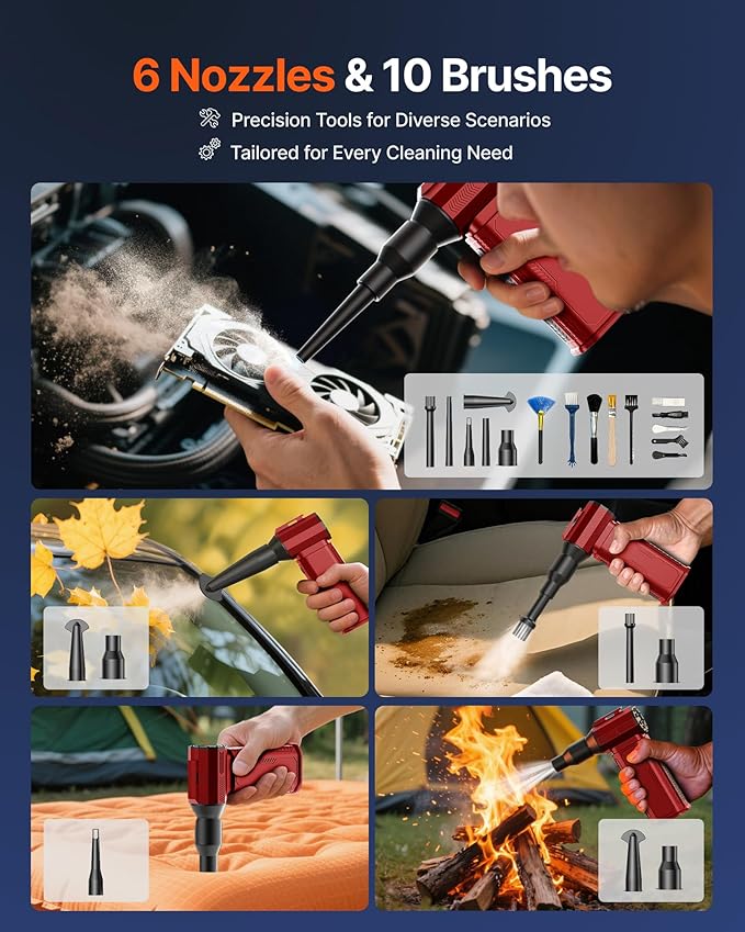 Compressed Air Duster, 130,000RPM Ultra-Powerful Cordless Electric Air Duster with 8000mAh Rechargeable Battery, 4-Gear Adjustable Air Blower for Keyboard, Computer, Car, Home Cleaning - Red