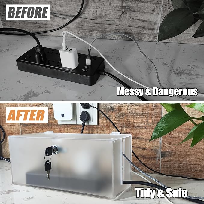 Cable Management Box with Lock,Cable Organizer Box & Power Strip Cover,Frosted Acrylic, Wire Storage and Organization for Cords,Suitable for TV, Computer,Child and Pet Proof(2PC)