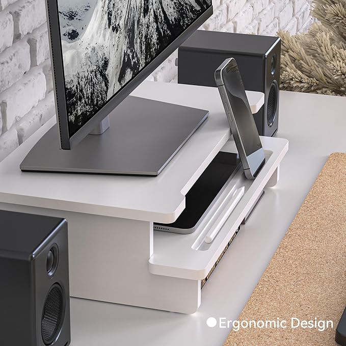 Monitor Stand Monitor Stand Riser for Desk,Wood Desk Shelf Storage Organizer with Phone Tablet Holder (16.5 Inch, White)