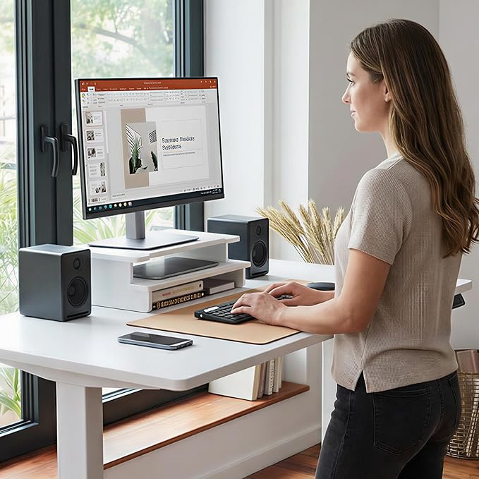 Monitor Stand Monitor Stand Riser for Desk,Wood Desk Shelf Storage Organizer with Phone Tablet Holder (16.5 Inch, White)