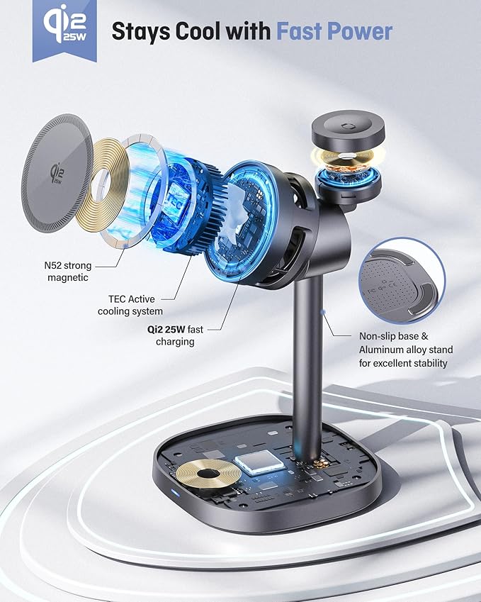 3 in 1 Wireless Charging Station, Qi2.2 25W Certified Fast Magnetic Charger, Mag-Safe Wireless Charger Stand with TEC Active Cooling, for iPhone17/16/15/14/13/12, Apple Watch/AirPods