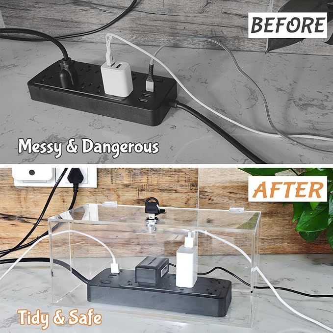 2PC Cable Management Box with Lock,Acrylic,Cable Organizer Box & Power Strip Cover, Wire Organizer for Surge Protector Power Strip,TV Computer,Cable Wires of Home,Office,Child and Pet Proof