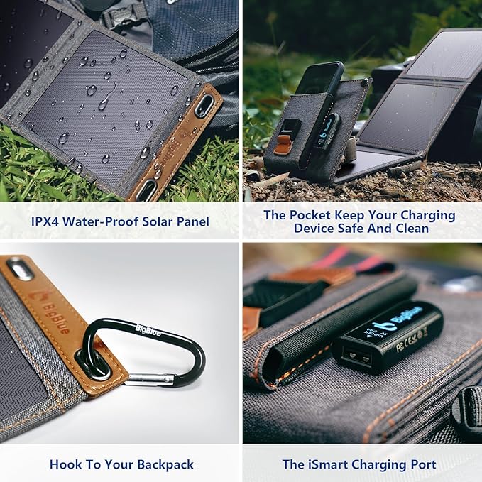 BigBlue 14W Solar Charger - Portable Waterproof IPX4 USB Solar Panel - Compact Foldable Design - Grey