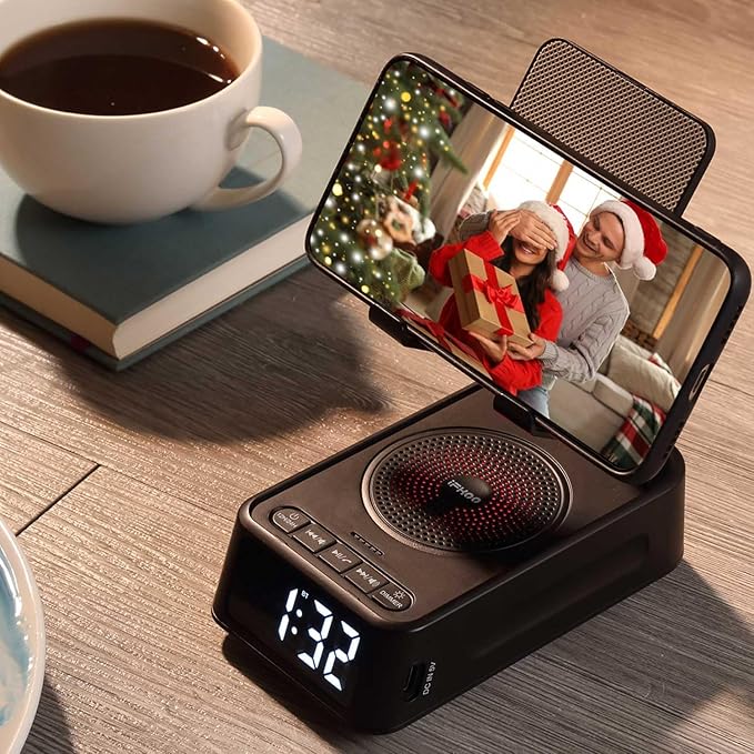 Gifts for Men Women, Phone Stand with Bluetooth Speaker&Clock, Birthday Gifts for Him, Phone Holder with Wireless Speaker, Ideal for Dad Mom Husband Boy, Cool Tech Gadget for Men