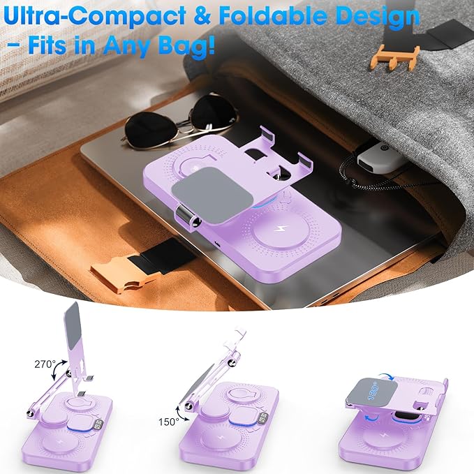 6 in 1 Wireless Charger for Apple Device, 30W Foldable Wired Charging for ipad with Clock & 7 Color Ambient Light, Nightstand Charger Station for iPhone 17/16/15/iWatch Series/AirPods 4/Pro 3(Purple)