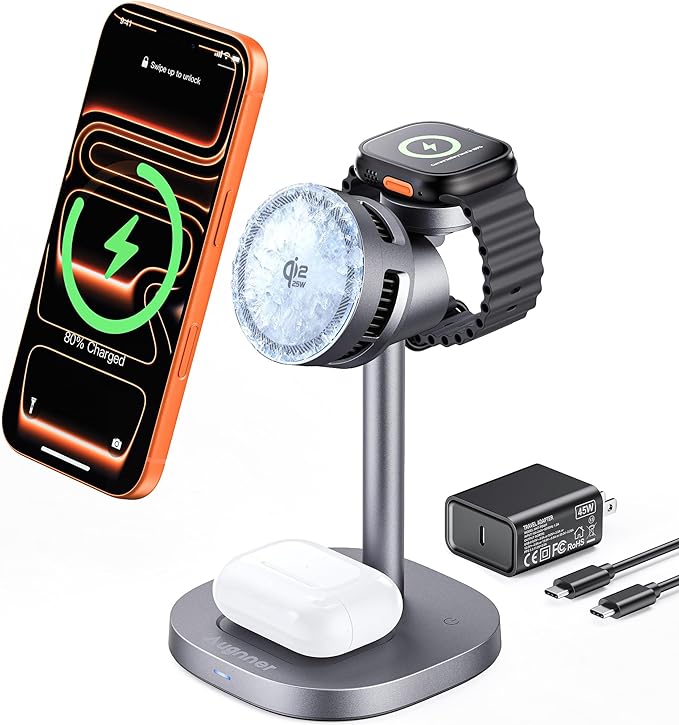 3 in 1 Wireless Charging Station, Qi2.2 25W Certified Fast Magnetic Charger, Mag-Safe Wireless Charger Stand with TEC Active Cooling, for iPhone17/16/15/14/13/12, Apple Watch/AirPods