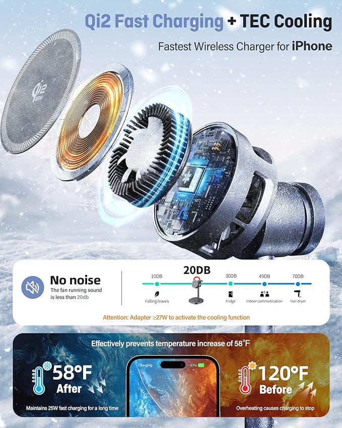 3 in 1 Wireless Charging Station, Qi2.2 25W Certified Fast Magnetic Charger, Mag-Safe Wireless Charger Stand with TEC Active Cooling, for iPhone17/16/15/14/13/12, Apple Watch/AirPods