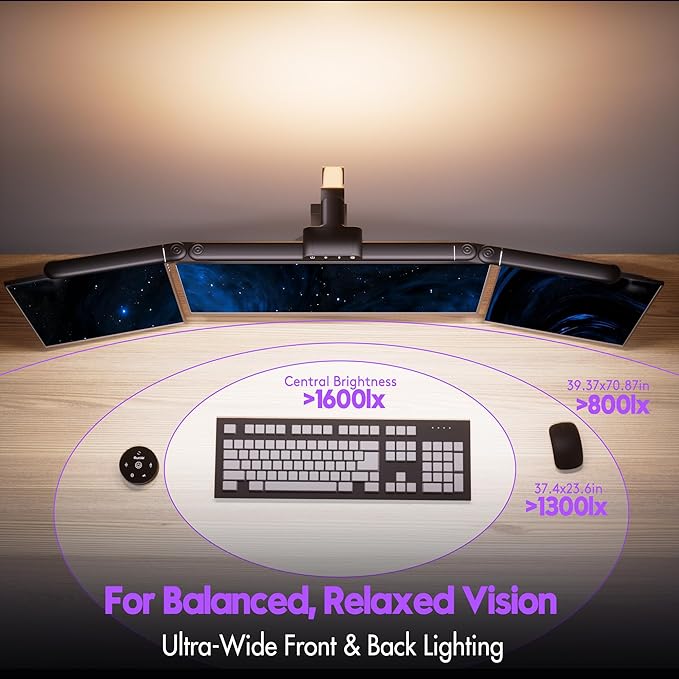 Quntis 32.5" Architect Desk Lamps for Office Home Dorm - Eye Care 3 Light Bar 1100LM Bright, Ambient Backlight, Radar Sensor, Remote Control, 2H Timer, Workbench Drafting Reading Video Conference Task