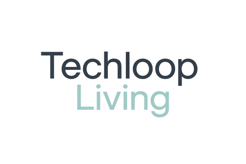 Techloop Living logo in dark gray and mint — minimalist wordmark representing calm, smart design.